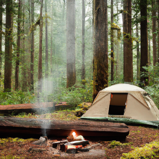 A tent and a campfire out in the woods