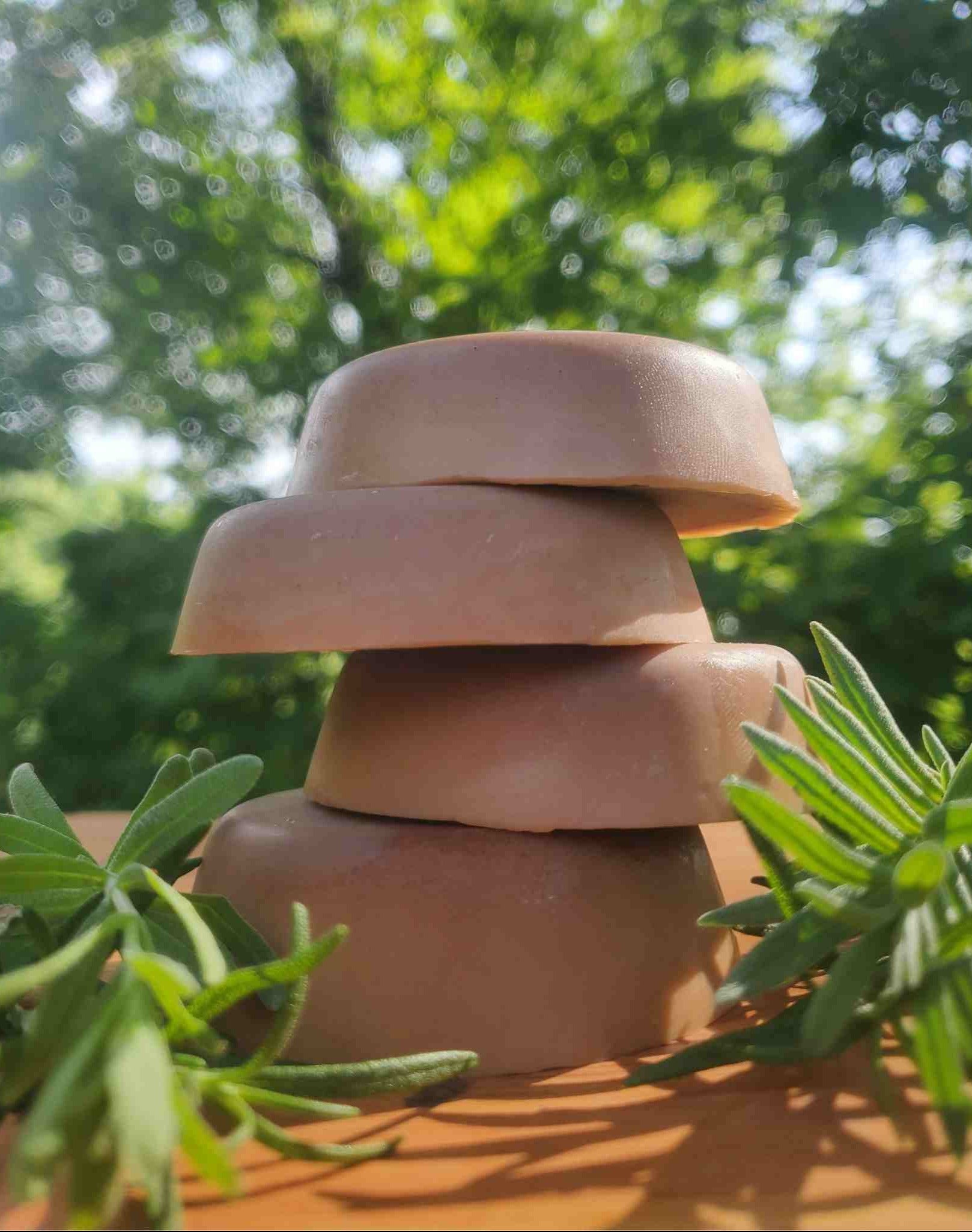 CBD Massage Bars stacked outside with rosemary sprigs beside