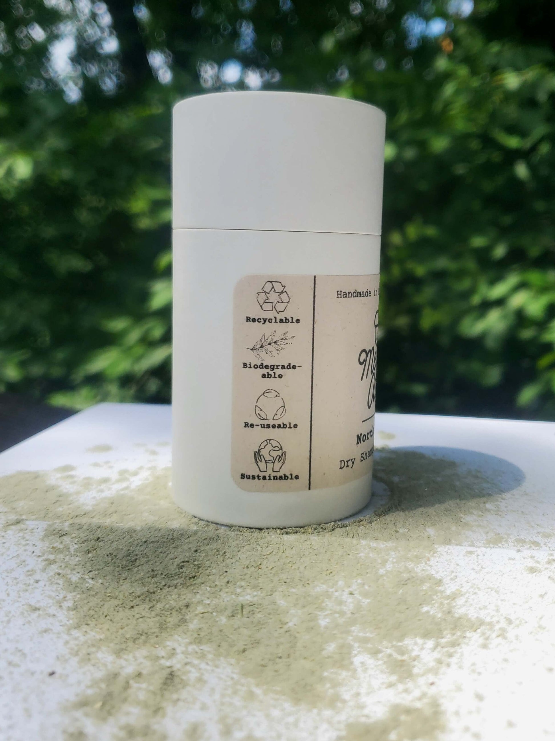 Organic dry shampoo packed in a recyclable, biodegradable, reusable, and sustainable container